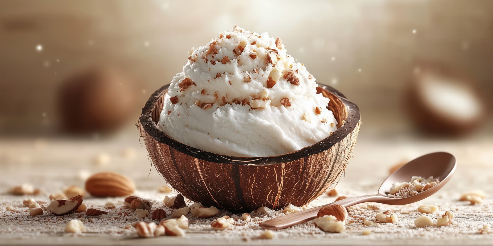 Delicious coconut bowl filled with creamy whipped dessert topped with nuts and sprinkles on a wooden table